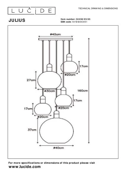 Lucide JULIUS - Lámpara colgante - 5xE27 - Ahumado - técnico